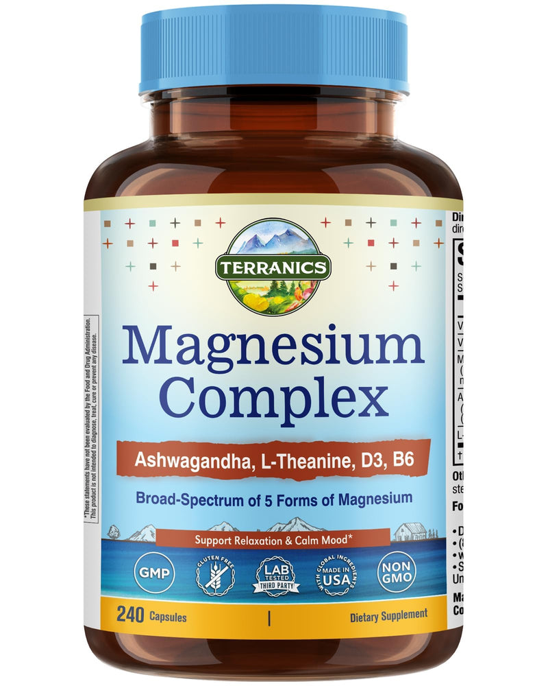 Terranics Magnesium Complex with Glycinate, Citrate, Taurate & Malate | Supports Nerve & Mood Health | Includes Ashwagandha, L-Theanine, Vitamin D3 & B6 | 240 Capsules | Non-GMO 240 Count (Pack of 1)