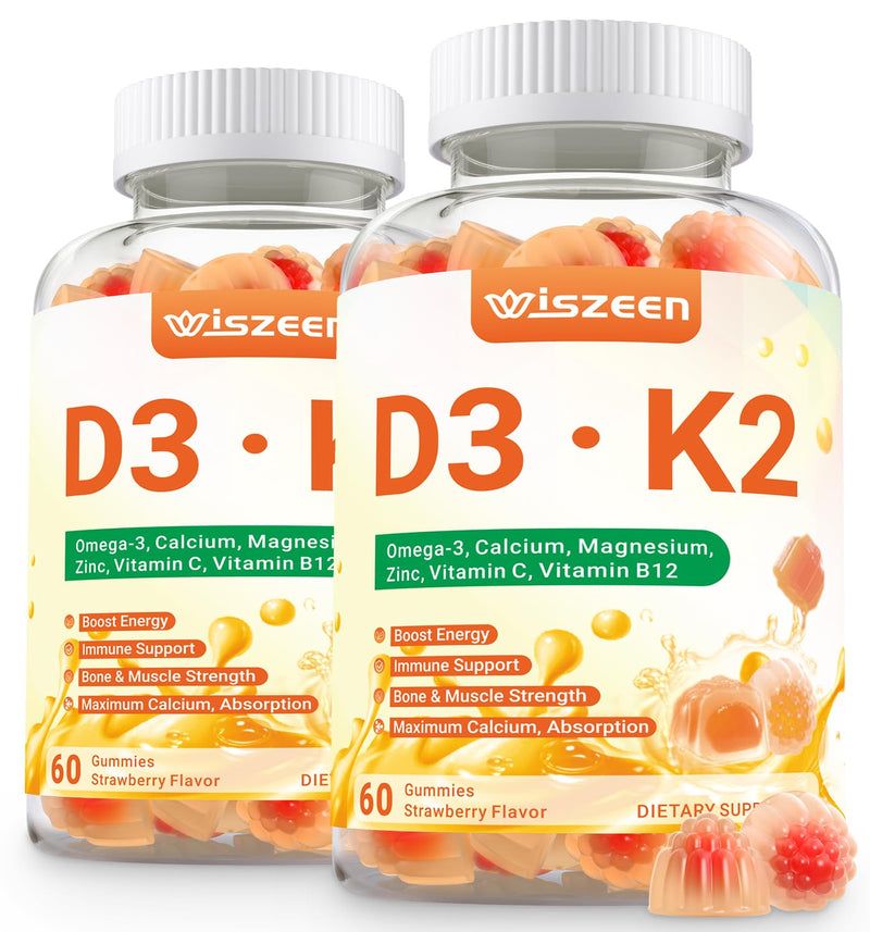 Wiszeen Vitamin D3 K2 Gummies, Vitamin D3 10000 IU & K2 (MK-7) 200 mcg | D3 K2 Supplement with Omega 3, Calcium, Magnesium for Bone Muscle Teeth Immune 60 Count (Pack of 2)