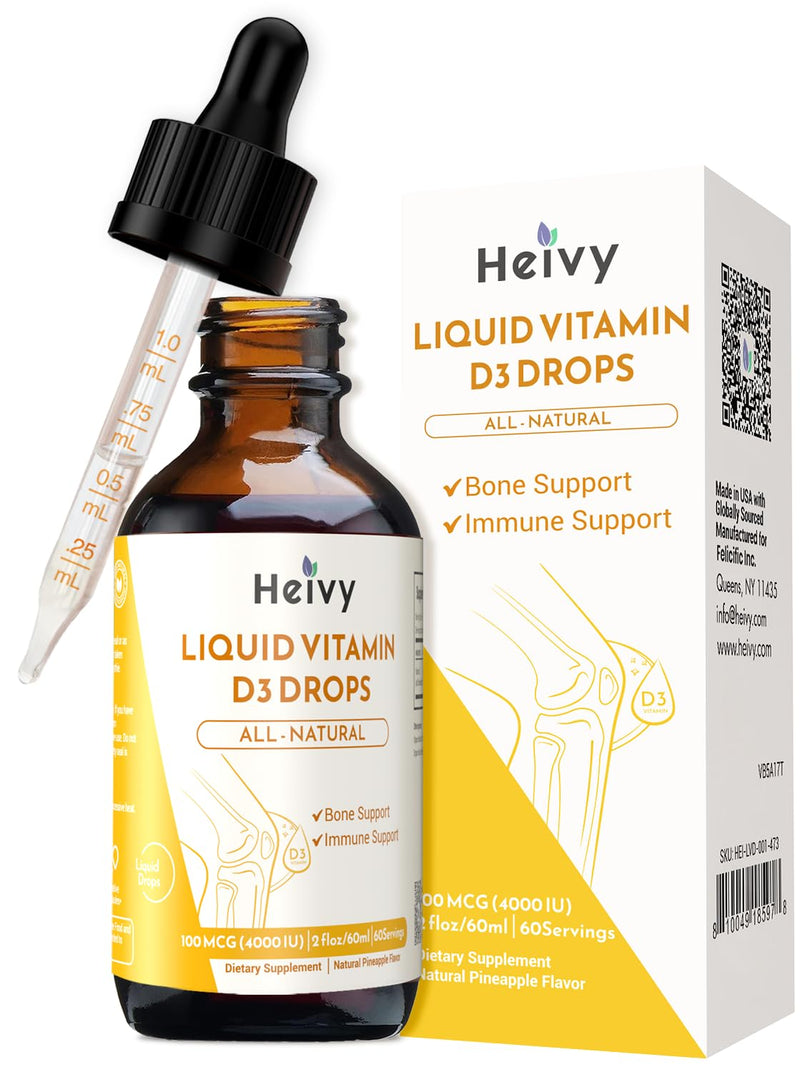 Heivy Liquid Vitamin D Drops 4000 IU (100 mcg), 2 Fl Oz (60ml) | Vitamin D3 for Bone Health Support, Pineapple Flavor Vegan VIT D3 Drops, Made in USA 2 Fl Oz (Pack of 1)