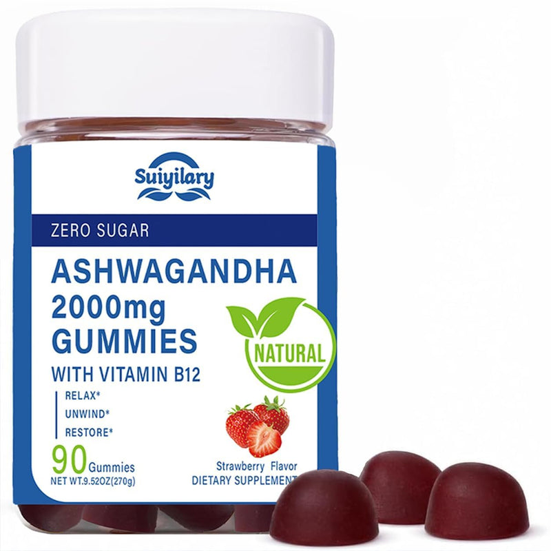 Suiyilary Ashwagandha Gummies 2000mg, Ashwagandha High Strength Root Extract Supplement with Vitamin B12 for Men Women, Strawberry Flavour 45 Days Supply 90 Gummies