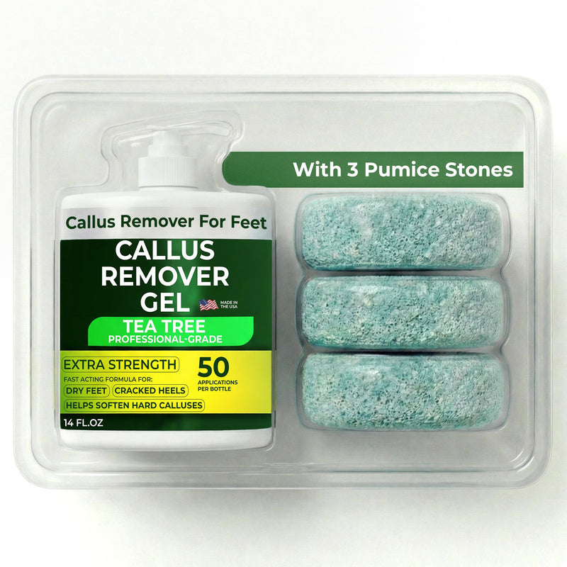 Callus Remover for Feet | Extra Strength Callus Remover Gel for Feet with Tea Tree Oil | Professional-Grade Pedicure Treatment | 50 Applications per Bottle, Includes 3 Pumice Stones | 14 fl oz - BeesActive Australia