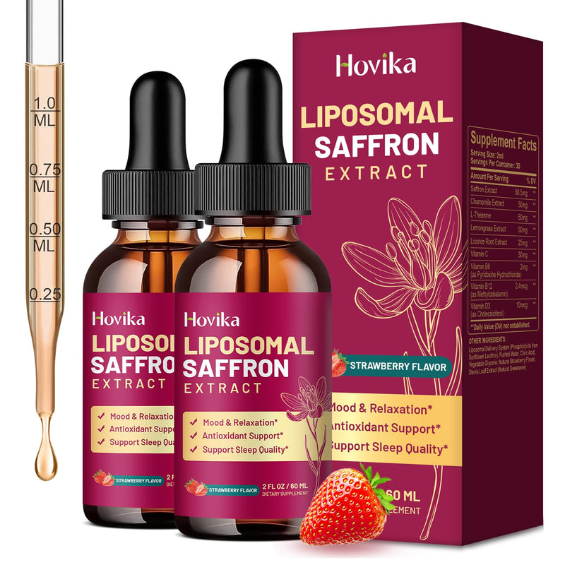 2 Pack Liposomal Saffron Supplements - 88.5mg Saffron Extract Liquid Drops with L-Theanine, Chamomile, Vitamin C, B6, B12 & D3 for Antioxidant, Immune, Mood, Energy, Focus & Sleep - Strawberry Flavor 2 Fl Oz (Pack of 2)