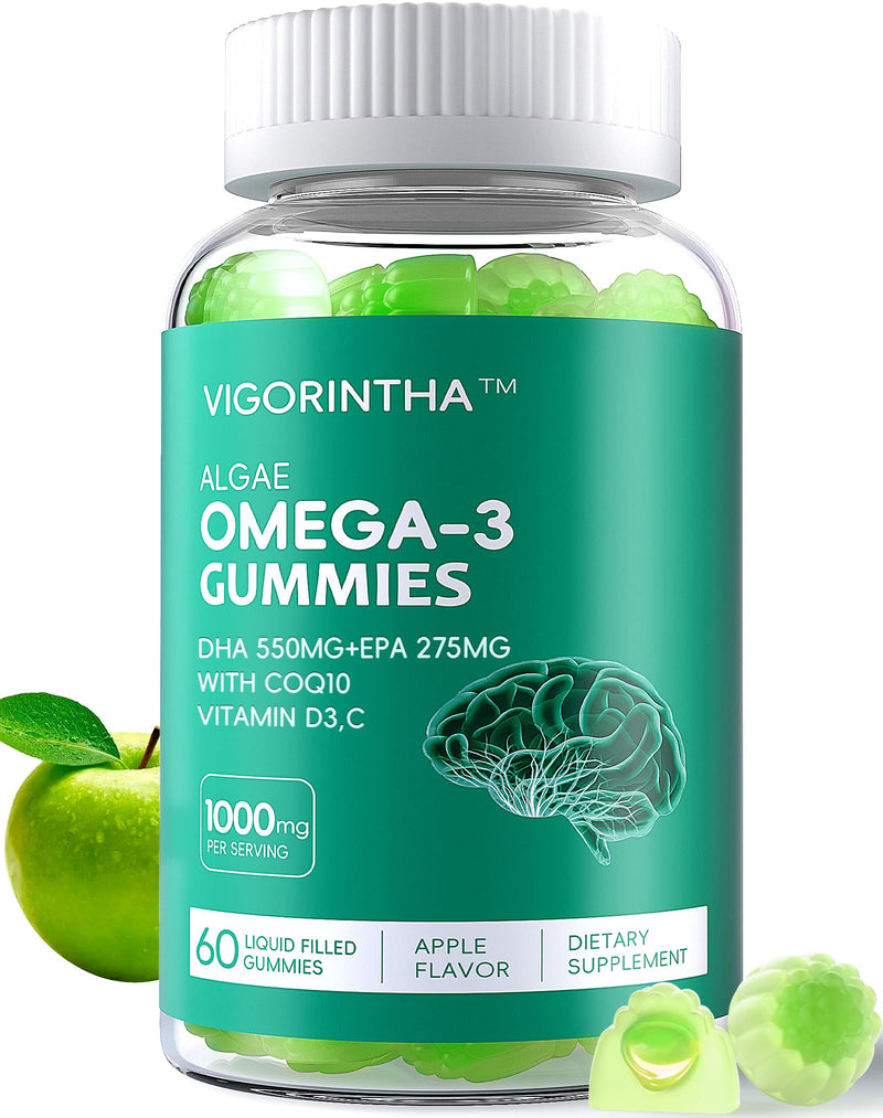 Vegan Omega 3 Gummies 1000mg with Coq 10, Vitamin D3,E,C,Omega 3 Fish Oil Alternative for Adults, Plant Based DHA 550mg & EPA 275mg for Brain, Mobility, Eye, Sugar Free, 60 Count 60 Count (Pack of 1)