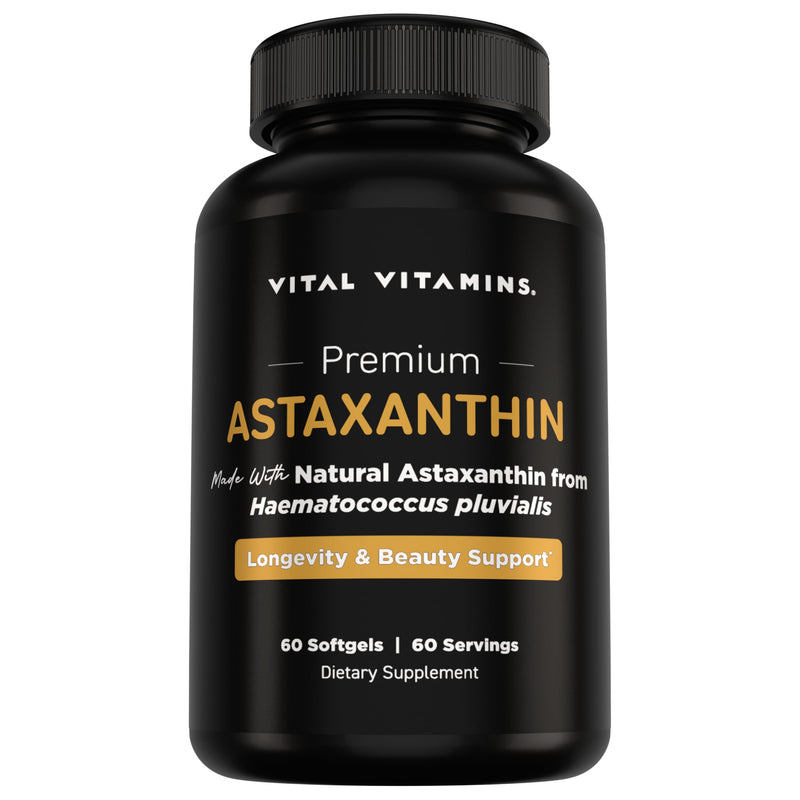 Vital Vitamins Astaxanthin 12mg Softgels for Skin Hydration & Elasticity | Natural Astaxanthin from Microalgae, Antioxidant Protection for Skin, Eyes & Exercise Recovery, Vegan, 60 Softgels