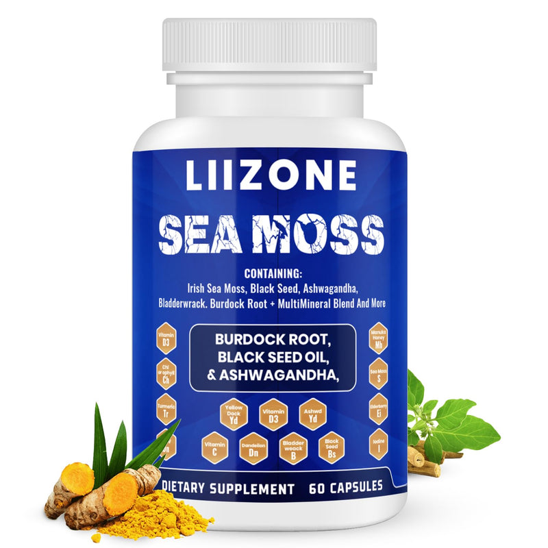 Complex Sea Moss Capsules with Ashwagandha, Turmeric & Vitamin C - Black Seed Oil Capsules for Immune Support, Joint & Gut Health - 60 Count for Daily Wellness