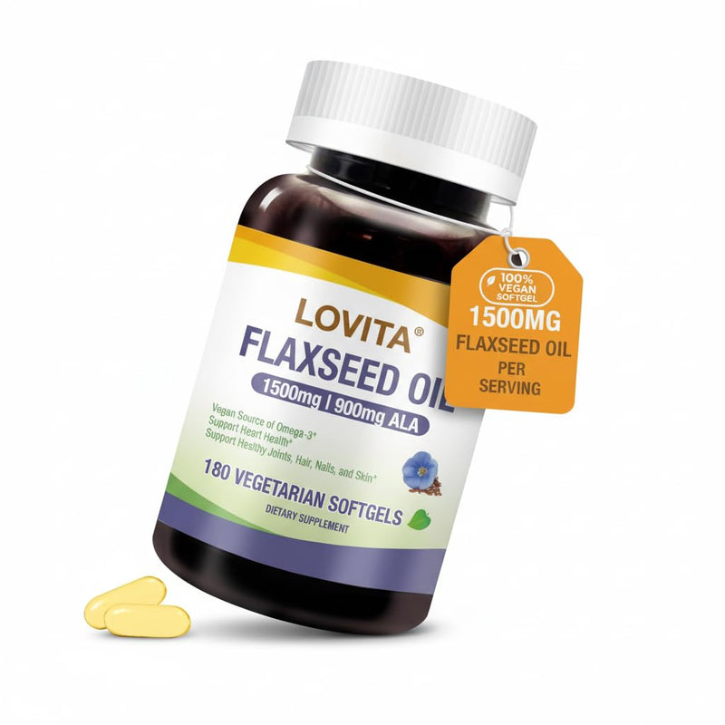 Lovita Vegan Flaxseed Oil 1500mg with 900mg ALA Omega-3 6 9, Cold-Pressed Flax Seed Supplement, Support Heart, Brain, Joint & Skin Health, Non-GMO & Gluten Free, 180 Softgels 180 Count (Pack of 1) Standard Packaging
