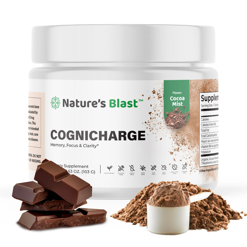 CogniCharge Brain Supplements for Memory, Focus & Clarity - with Bacopa Monnieri Extract, Guarana Powder, Niacin, L-Tyrosine, Alpha GPC, GABA - 3.63 Oz - 30 Servings - Cocoa Mist Flavor - BeesActive Australia