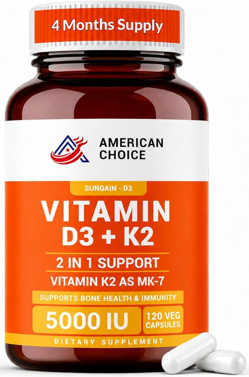 Vitamin D3 K2 5000 IU Supplement, Enhanced Bone, Heart & Immune Support - Supports Calcium Absorption, Non-GMO, Gluten-Free 100mcg K2-120 Veg Capsules