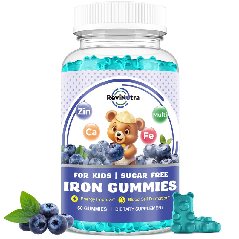 with Calcium, Zinc, Kids Multivitamin with Iron Gummies - Immune Support, Blood Builder & Energy Support for Iron Deficiency, Anemia, Vegan - 60 Gummies Blueberry Flavor 60 Count (Pack of 1)