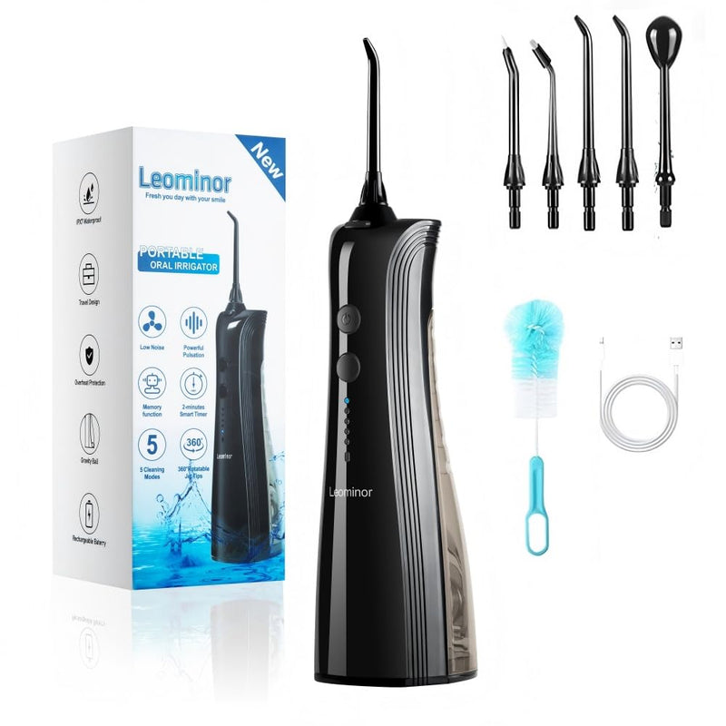 Leominor Water Dental Flosser - 5 Modes Cordless Portable Oral Irrigator, IPX7 Waterproof, Rechargeable Teeth Cleaner Upgrade Datchable Tank Professional Flossing Cleaning Pick for Home Travel (Black) 230ml Black