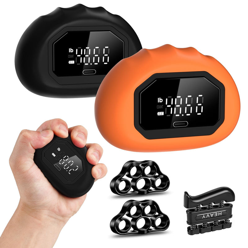 Hand Grip Strength Tester Trainer - HICHOR Rechargeable Mini Hand Strength Dynamometer for Hand Palm and Finger Workouts with Finger Exerciser and Stretcher Exercise Equipment Black Orange