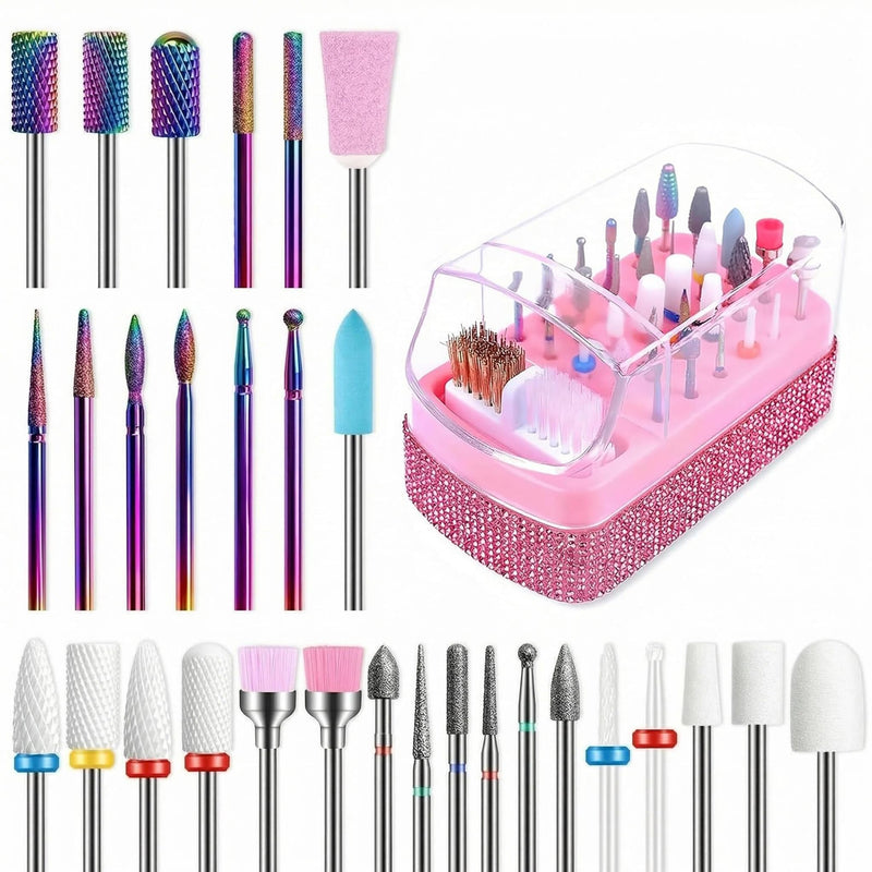 30PCS Nail Drill Bits Set with Holder Case, 3/32 Inch Tungsten Carbide Ceramic Diamond Efile Nail Bits Tool & Organizer for Acrylic Gel Dip Powder Cuticle Removal Polish, Nail Tech Manicure Pedicure Pink(Bits+Holder)