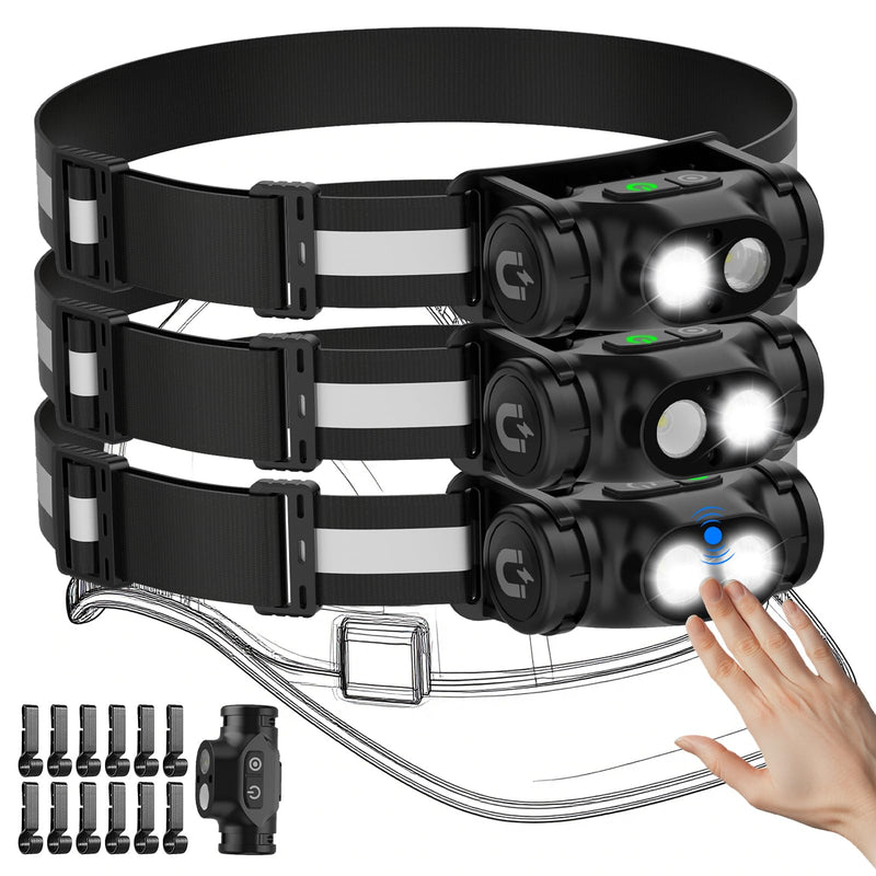 Rechargeable Headlamp 3PCS, High Lumens Bright Head Lamp Led with Motion Sensor, 4 Modes, Magnet, Detachable Flashlight & Headband for Adult,Running,Outdoor,Emergency,Hard Hat Light 3 Pack