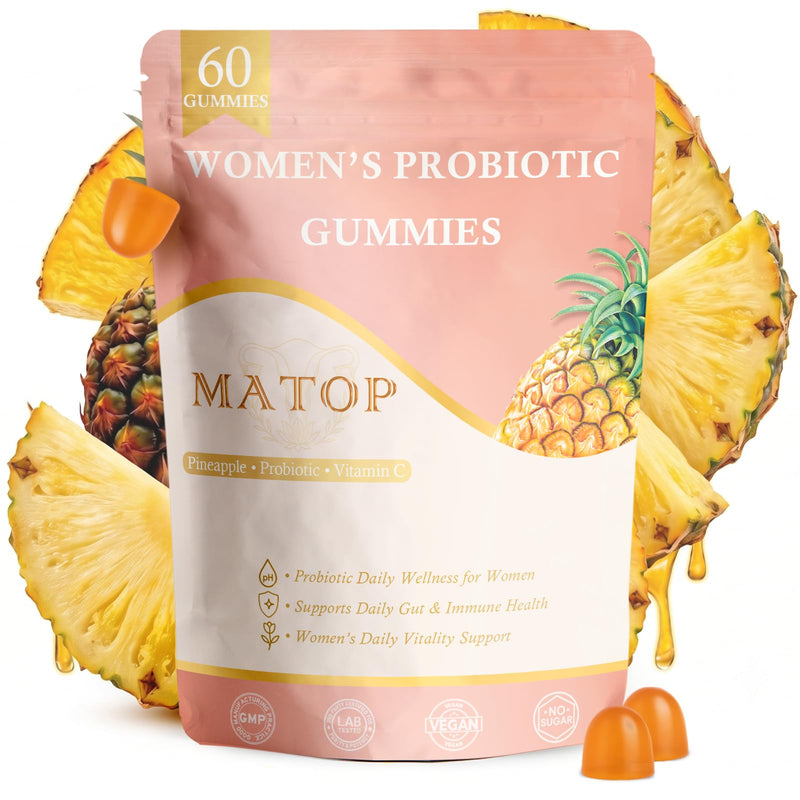 MATOP Women’s Probiotic Pineapple Gummies – Gut Health & pH Balance Daily Digestive Feminine Wellness, Vegan Sugar-Free, 60 Count 60 Count (Pack of 1)