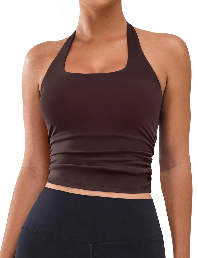 BMJL Womens Halter Built in Bra Workout Sports Tank Tops Buttery Longline Stappy Gym Crop Tops Coffee X-Large - BeesActive Australia