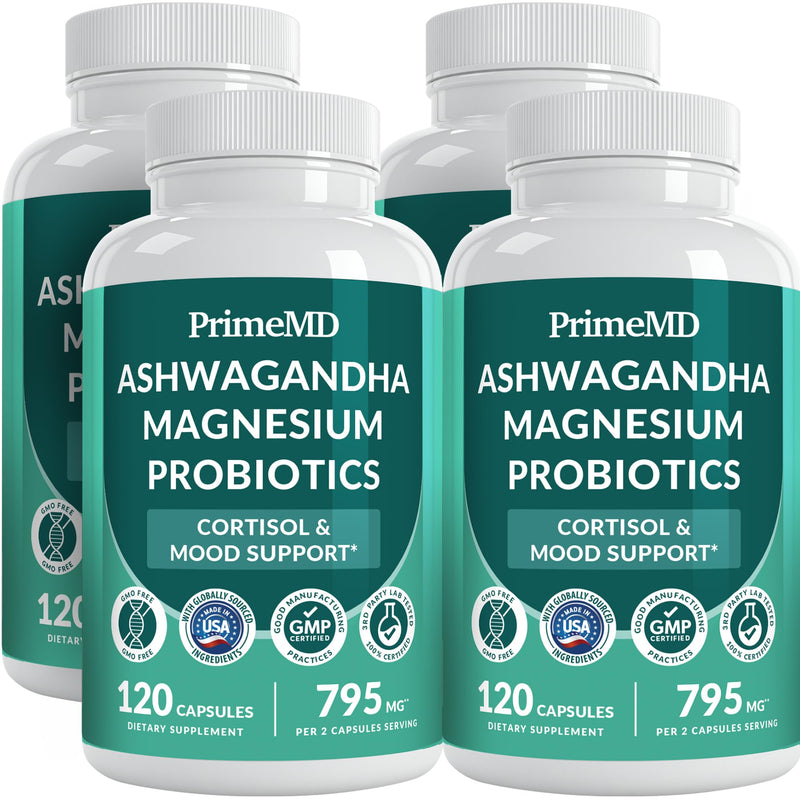 PrimeMD Cortisol Supplement with Ashwagandha, Shilajit & Magnesium, 120ct | Calmness, Focus and Stress Support, Ashwagandha with Shilajit and Magnesium Glycinate, Adaptogen Supplement (Pack of 4) 120 Count (Pack of 4)