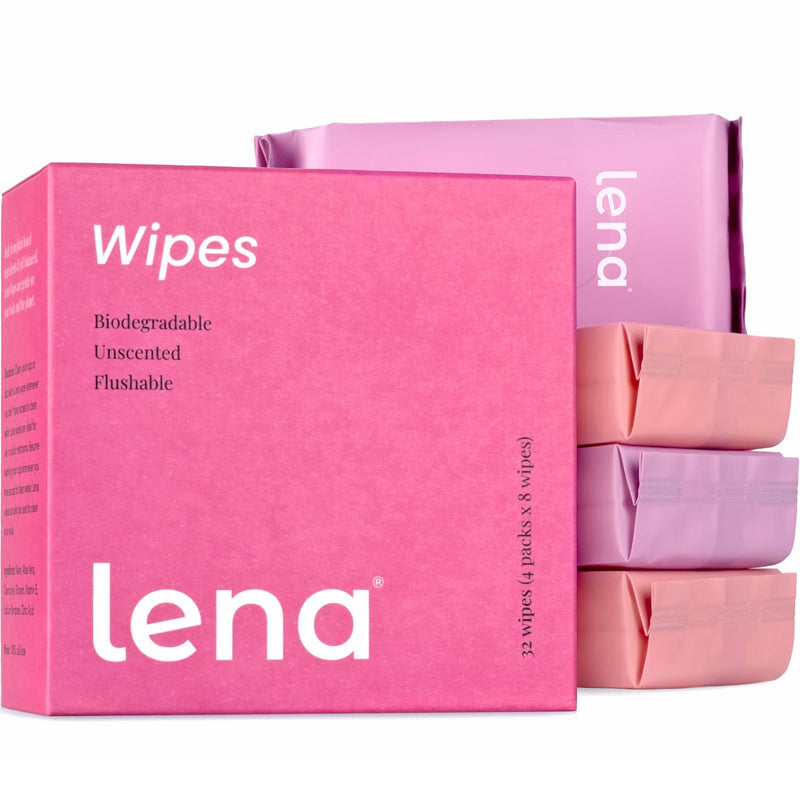 Lena Feminine Wipes Mini - Flushable, Unscented & Ph Balanced - Period Travel Kit - Menstrual Cup Wipes & Menstrual Disc Cleaner - 32 Count