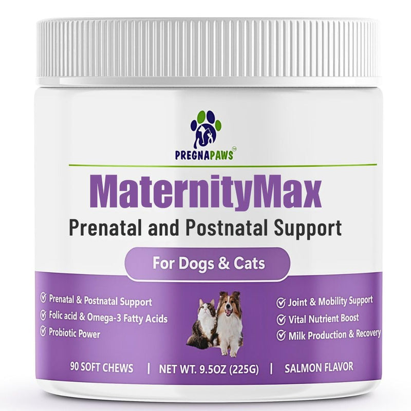 Prenatal Vitamins for Dogs & Cats – Pre & Postnatal Supplement with Probiotics, Glucosamine, MSM, CoQ10, & Essential Vitamins – Supports Pregnancy, Nursing & Recovery – 90 Soft Chews (Salmon Flavor)