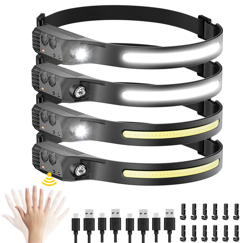 Rechargeable Headlamp 4PCS, Motion Sensor 230° Head Lamp, Hard Hat Light for Adults, Headlight for Forehead, LED Headband Flashlight for Work, Running, Camping Essentials Gear Black 4Pack