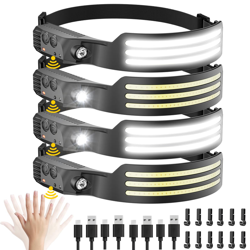 Headlamp Rechargeable 4PCS, Motion Sensor 230° COB Head Lamp, Headlights for Forehead, Hard hat Light for Adults, LED Headband Flashlight for Work, Hiking, Running, Camping Essentials Gear Black 4 Pack - New Upgrade III Tri-Led Strip