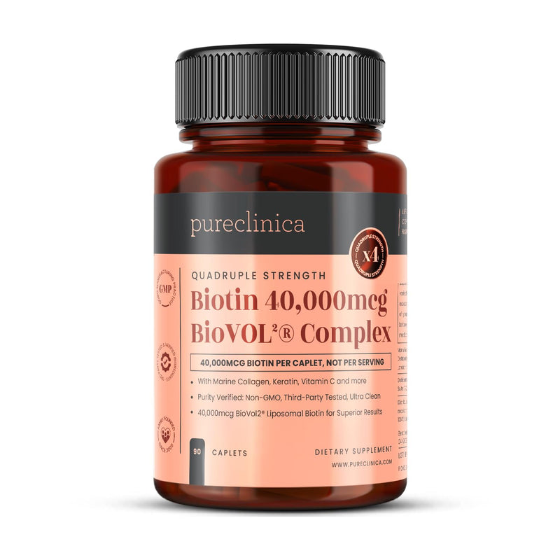 pureclinica 400% Strength Biotin 40,000mcg x 90 Caplets – BioVOL²® Liposomal Biotin Complex | with Marine Collagen, Keratin, Vitamin C & More | 3 Months Supply 90 Count (Pack of 1)