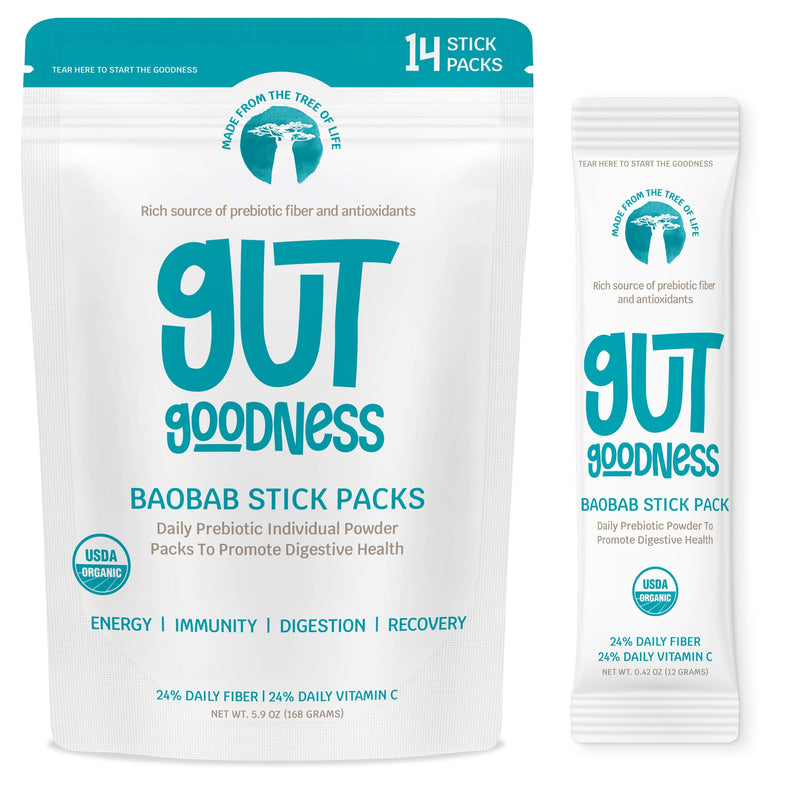 Organic Prebiotic Baobab Powder Stick Packs - Daily Fiber, Digestive Health, Energy & Recovery - Nutrient-Rich - Vitamin, Dietary Fiber