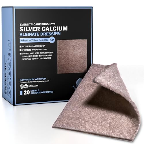 EVERLIT AG Silver Calcium Alginate Wound Dressing | Absorbent Non-Stick Sterile Dressing Pad | Gentle Hemostatic Gauze with Natural Gelling Fiber for Wound Care (4" x 4" | Pack of 20) 4" x 4" | Pack of 20