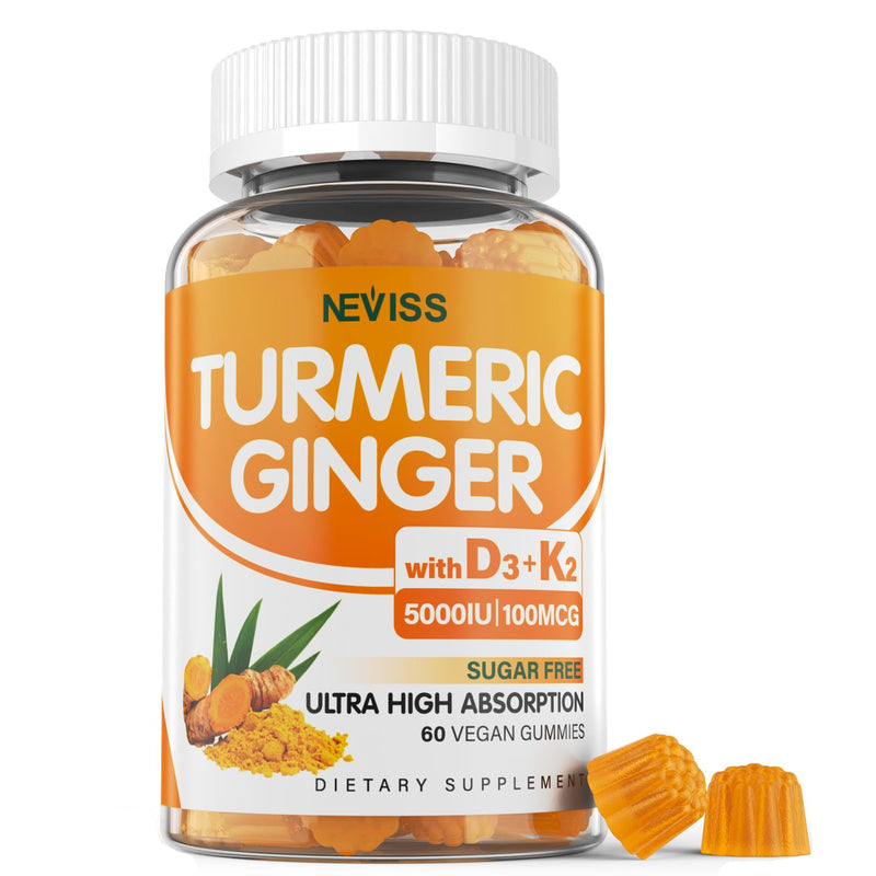 Turmeric Ginger Gummies 1500mg w/Vitamin D3 K2, Sugar Free, Vegan, 60ct | Organic Turmeric Curcumin Gummy for Women & Men with 5000IU D3 Vitamin & MK-7, Immune & Digestive Support, Mango Flavor 60 Count (Pack of 1)
