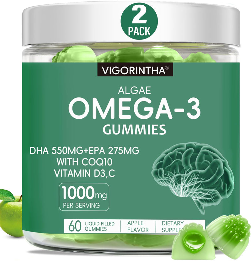 Vegan Omega-3 Algae Oil Supplement with DHA 300mg & EPA 150mg, Plant-Based Omega-3 with Vitamin D3 & K2, Fish-Free Algal Oil Softgels for Men & Women, 2 Pack, 120 Softgels, 60 Day Supply 60 Count (Pack of 2)