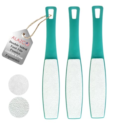 3 ALAZCO Double Sided Foot File Pumice Ergonomic Handle Scrubber Immediate Result Smooth Feet Heel Scraper Exfoliate Buffer Dead Skin Callus Corn Emery Fine & Coarse Pedicure Tool Blue X3
