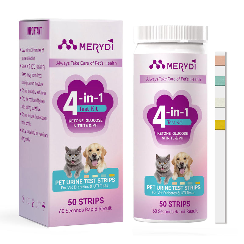 Dog & Cat Urine Test Strips, 4-in-1 Pet Urinalysis Testing Kit for Ketone, Glucose, pH and Nitrite, Reagent Strips for Vet Diabetes,UTI Monitor, 50ct Urine Test Kit Easy to Use at Home 4in1