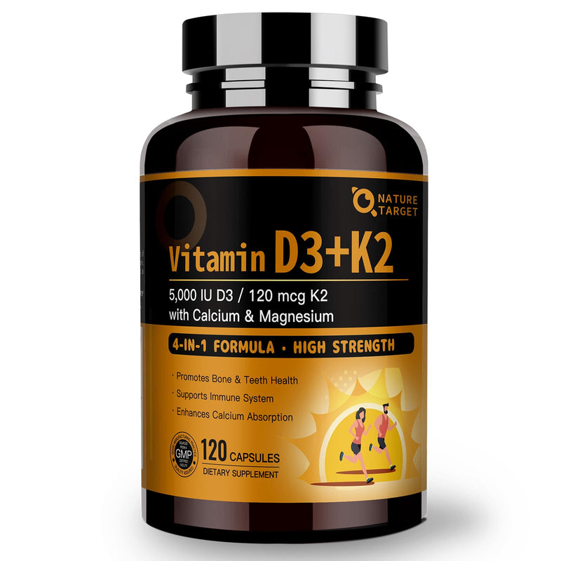 NATURE TARGET Vitamin D3 K2 with Calcium & Magnesium, 120 Count | Max Strength 4-in-1 Formula, 5000 IU Vitamin D3 and 120 mcg Vitamin K2, for Bone, Heart, and Immune Support 120 Count (Pack of 1)
