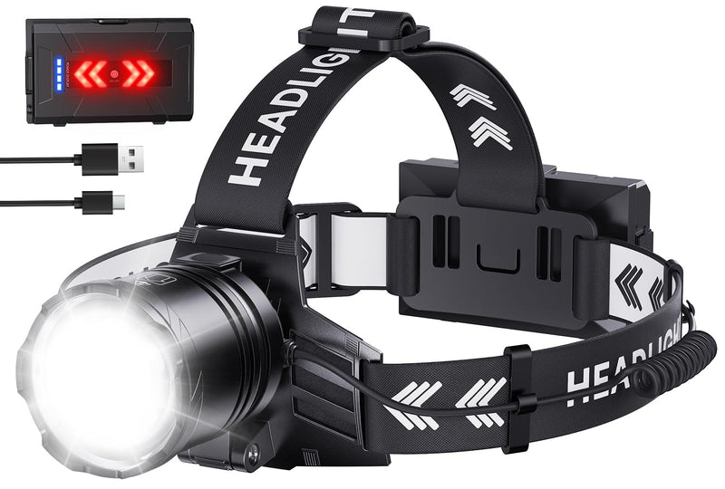 Super Bright Headlamp Rechargeable 2000 Lumens, 7 Modes Head Lamp, Zoomable Head Light for Forehead, 90° Adjustable Headlamps for Adults, Long Runtime & Waterproof Fishing, Camping Black 1 Pack
