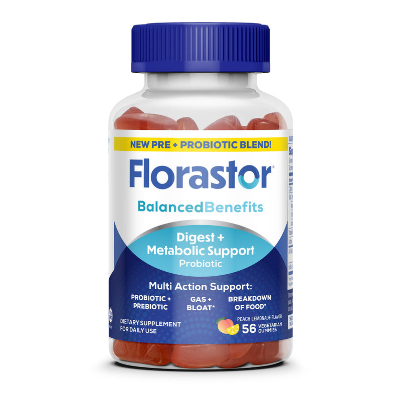 Florastor Prebiotic and Probiotic Gummies with Vitamin B12, 56 Gummies | Digestive and Metabolic Support Blend for Multi-Action Care, Probiotic Gummies for Women and Men 56 Count (Pack of 1)