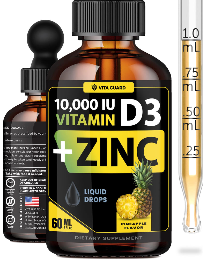 Vita Guard Vitamin D3 Drops with Zinc – 10,000 IU D3 & 15 mg Zinc Liquid Supplement – Immune Support for Men & Women – Sugar-Free Pineapple Flavor – 30-Day Supply