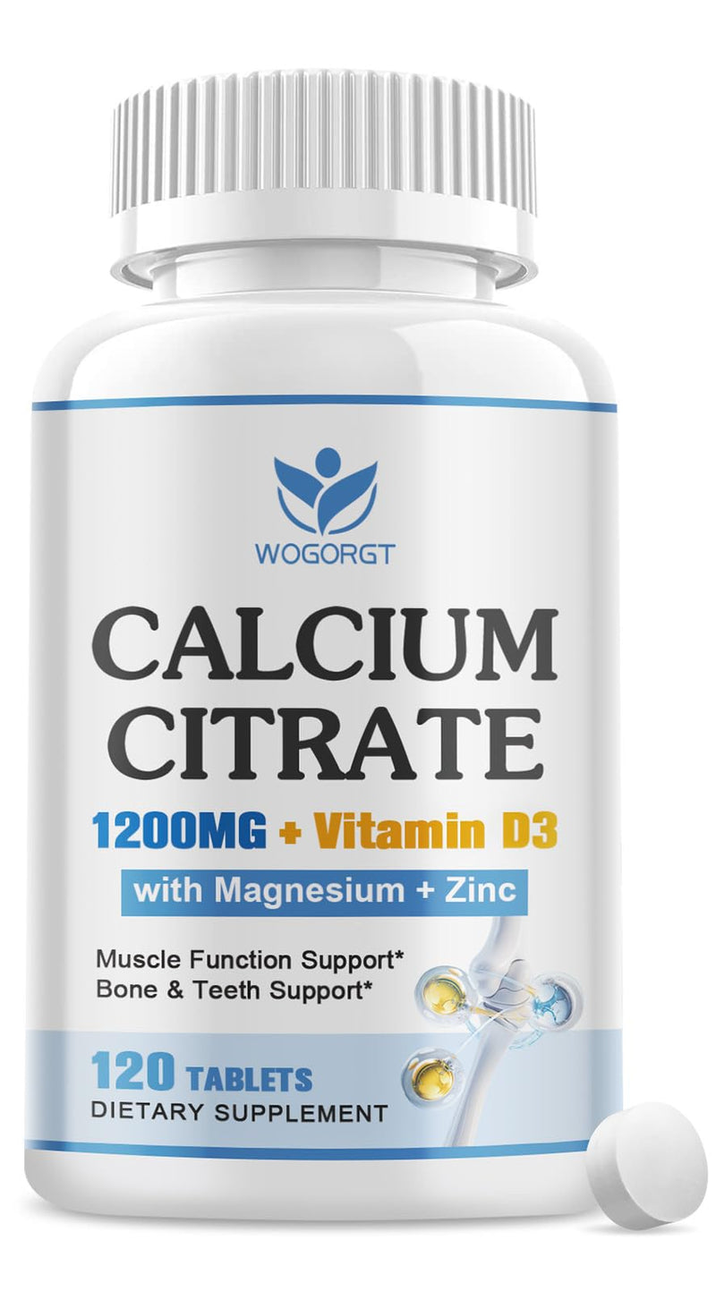 Calcium Citrate 1200mg Supplement with Vitamin D3 for Women & Men, 120Ct | WOGORGT - Calcium Citrate Tablets with Magnesium, Zinc, D3 Supplement, Bone, Teeth, Immune Support for Women & Men, Vegan 120 Count (Pack of 1)