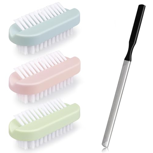 4PCS Nail Brush Long Toe Nail File Set - 3Pcs Two Sided Nail Scrubber Brushes for Cleaning Fingernails and 1Pcs Stainless Steel Long Toe Nail File for Thick Nails, Efficient Nail Care Tool