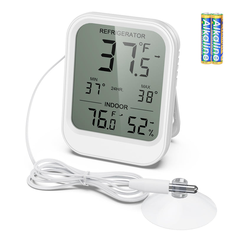 AMIR Digital Fridge Thermometer with Probe, LCD Display, Max/Min Records, Alarm, Digital Thermometer with External Sensor, Magnet, Suction Cup Freezer for Aquarium,Refrigerator,Freeze White - BeesActive Australia