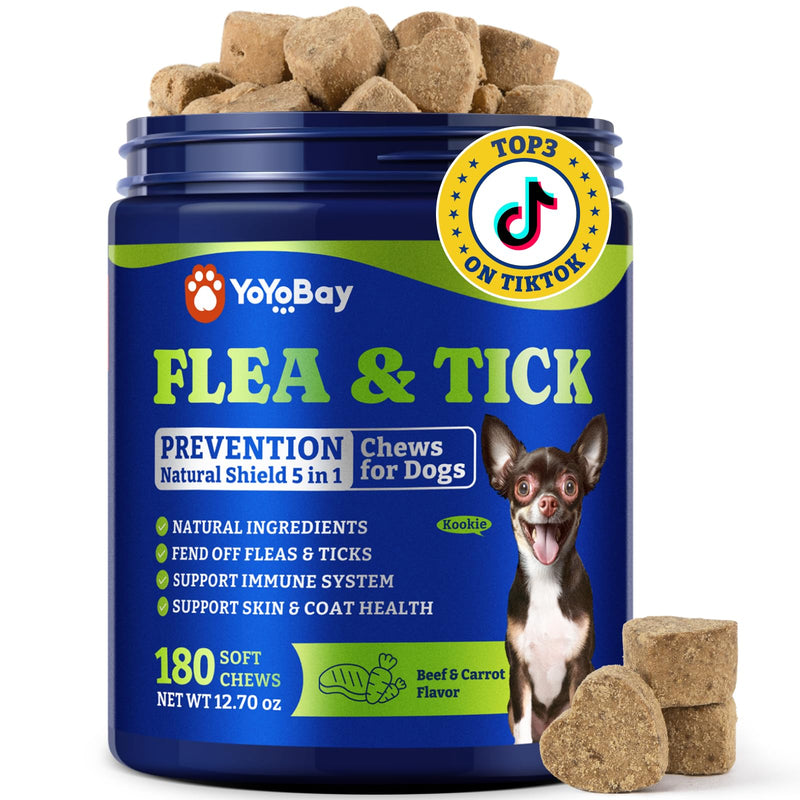 Flea & Tick Prevention for Dogs Chewables, Natural Dog Flea and Tick Control Treatment, Oral Flea Pills, Dogs Supplement, Natural Shield 5-in-1 Protection, Beef & Carrot Flavor, 180 Soft Chews Beef & Carrot-180-Blue