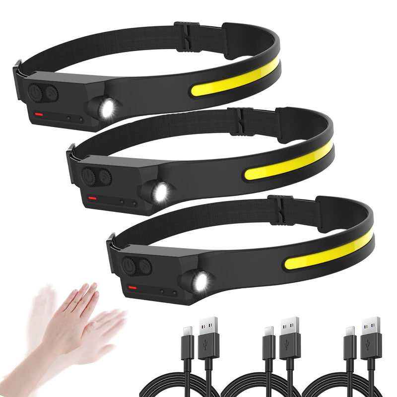 LED Headlamp Rechargeable with Motion Sensor USB Head Lamp Comfortable Headband with Wide Beam 5 Modes 350 Lumen Ultra Bright Flashlight Head light for Outdoor Camping Hiking Running Work Pack of 3 3 Pack Black