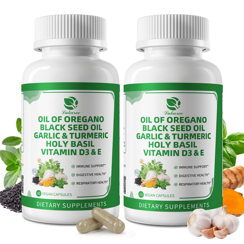 Organic Oil of Oregano Capsules with Black Seed Oil, Garlic, Turmeric, Holy Basil, Vitamin D3, E & Black Pepper for Better Absorption ‚Äì Immune, Digestive & Respiratory ‚Äì Vegan, Non-GMO, 4 Month Supply 60 Count (Pack of 2)