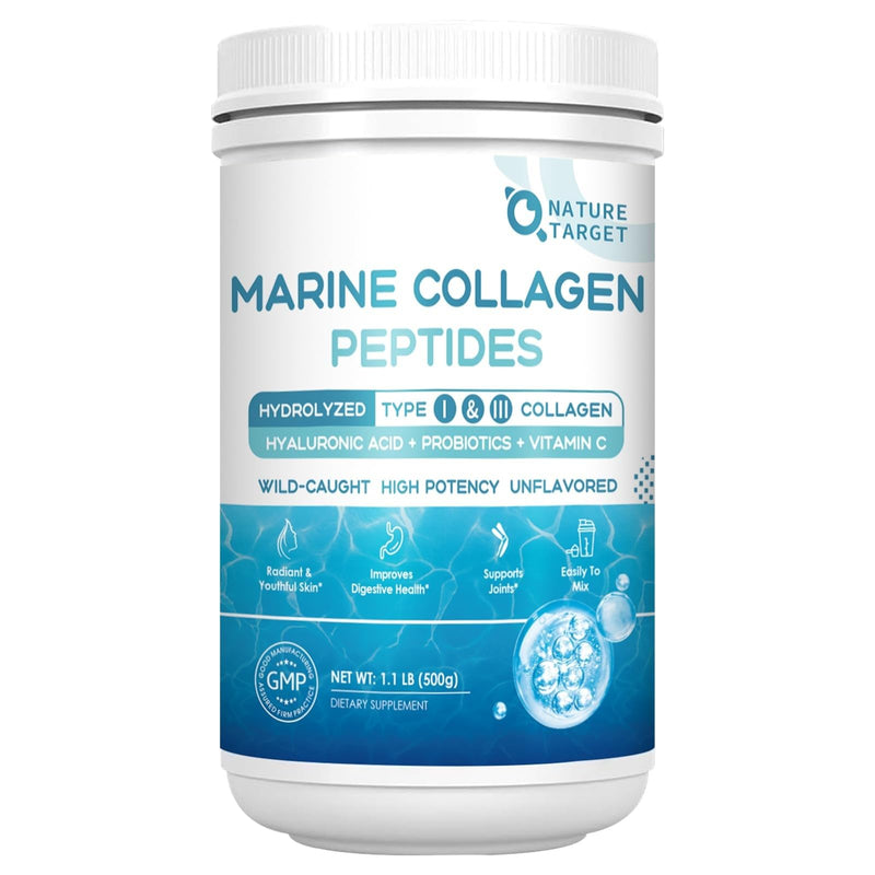 NATURE TARGET Marine Collagen Powder for Women, 50 Servings | With Hyaluronic Acid and Vitamin C for Hair, Skin, Nails, and Joints, Wild-Caught Fish and Grass-Fed Bovine 1.1 Ounce (Pack of 1)