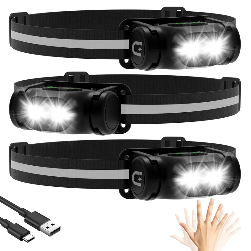 High Lumens Rechargeable Magnetic LED Headlamp for Camping, Hiking, Caving, Fishing, Motion Sensor Waterproof Impact-Resistant Bright Head Light with 4 Light Modes, Adjustable Headstrap (3 Pack) 3 Pack Magnetic Headlamp