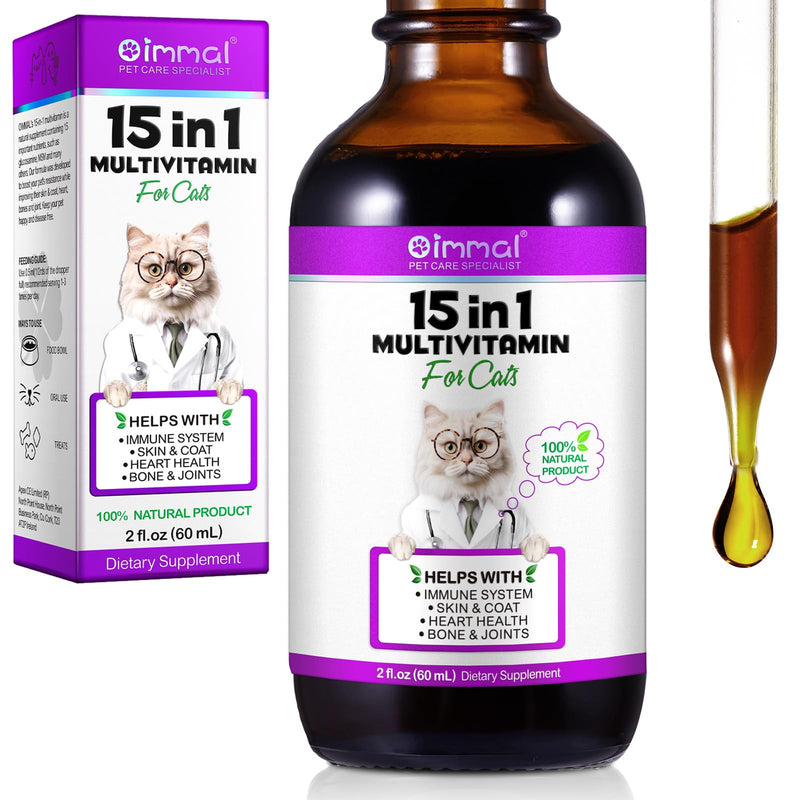Cat Vitamins, 15 in 1 Cat Multivitamin Liquid Drops, Cats Vitamins and Supplements with Glucosamine and Probiotics, Vitamin for Cats Skin Coat, Immunity, Gut Digestion, Joint, Heart, 60ML