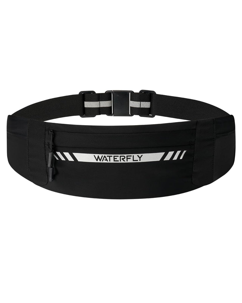 WATERFLY Running Belt Fanny Pack: Slim Breathable 4 Pocket Waist Bag for Men Women Sport Workout Exercise Fitness Phone Holder - Runner Marathon Jogging Waistband Fits ALL Phones Black