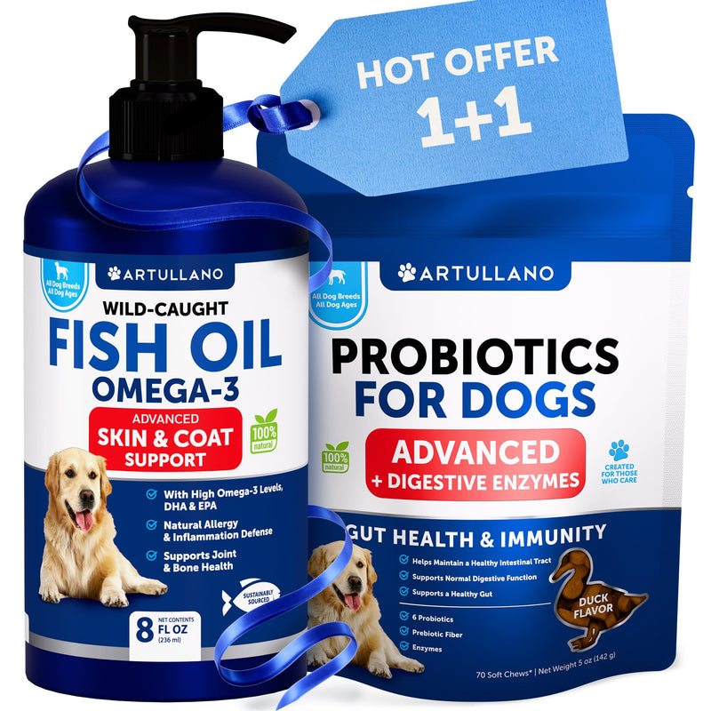 Dog Probiotic Chews + Salmon Oil Bundle - Probiotics & Prebiotics for Gut Health, Immunity, Yeast Balance, Reduces Diarrhea - Omega 3 with EPA & DHA for Skin, Coat, Joint & Allergy Support
