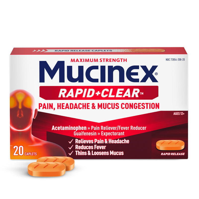 Mucinex Rapid Clear Maximum Strength Cold Medicine & Expectorant, Fever, Pain, Headache, & Excess Mucus Relief with Acetaminophen & Guaifenesin, Rapid Release Caplets for Adults, 20 Count Day - New Formulation 20 Count (Pack of 1) - BeesActive Australia