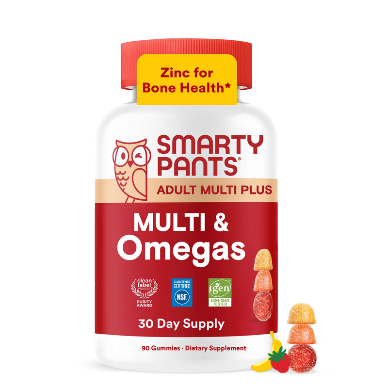 SmartyPants Plus Multi & Omegas Men and Women's Multivitamin Gummies with Omega 3 DHA/EPA, Vitamin D3, C, B12, B6, A, K, Zinc, Biotin, Clean Label, Three Fruit Flavors, 90 Count (30 Day Supply) Adult Mutivitamin Gummies