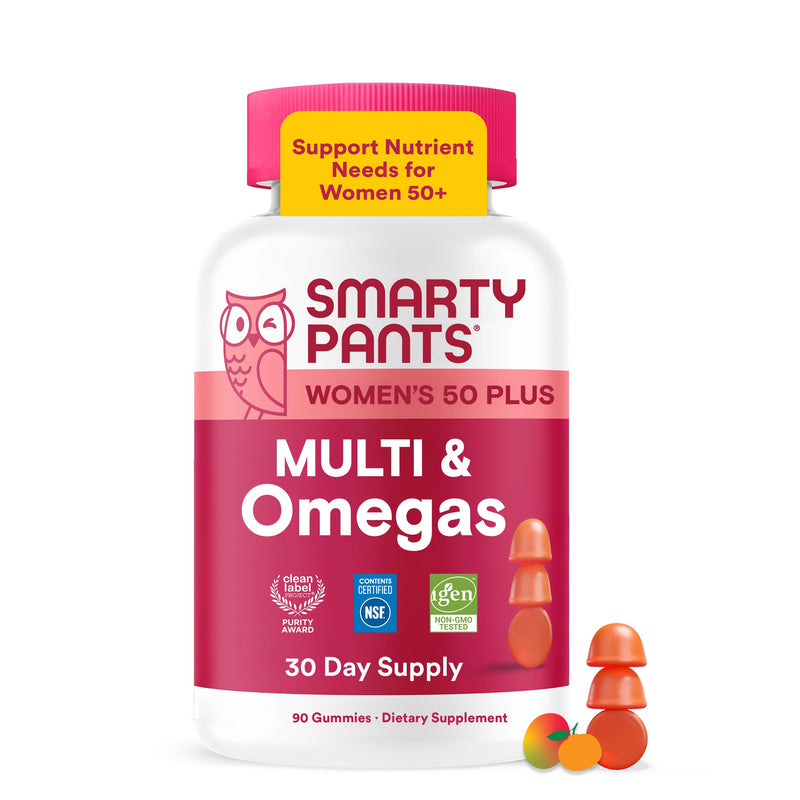SmartyPants Women’s Plus 50+ Multi & Omegas Multivitamin Gummies with Omega 3 DHA/EPA, Methylfolate, CoQ10, Vitamin D3, C, B12, B6, A, K, Biotin, Two Fruit Flavors, 90 Count (30 Day Supply) 1 Count (Pack of 1) New Formula