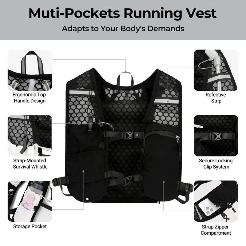 Hydration Running Vest with 1.5L Water Bladder for Hiking Backpack, Reflective Safety Vest for Men & Women, Lightweight Adjustable Marathon Gear for Trail Running Black 5L